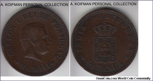 KM-16, 1903 Portuguese India 1/2 tanga; copper, plain edge; dark brown good very fine, scratch and few minor rim bumps.