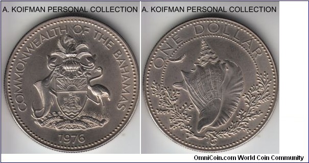 KM-65, 1976 Bahamas dollar, Franklin mint (FM mint mark); copper-nickel, reeded edge, matte finish; uncirculated or almost, a smudge of fingerprint, mintage of 600.