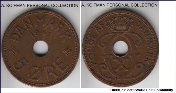 KM-3, 1941 Faeroe Islands 5 ore; bronze, plain edge; extra fine or so, a tiny rim nick on reverse.