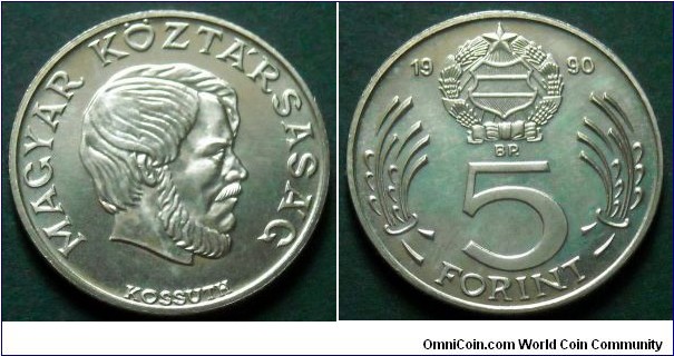 Hungary 5 forint.
1990, Transitional coinage.
Mintage: 10.000 pieces.