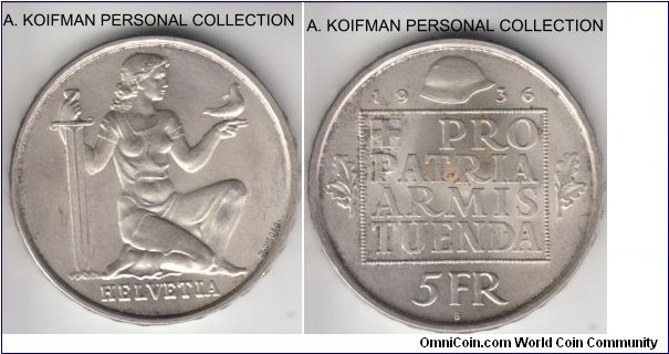 KM-41, 1936 Switzerland 5 francs, Bern mint (B mint mark);  silver, raised lettered edge; Confederation Armament Fund commemorative, average uncirculated, lightly toned.