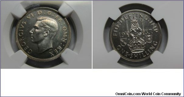 KM-854, 1937 Great Britain shilling; proof, silver, reeded edge; Scottish crest, nice lustrous proof, NGC graded PF 66, mintage 26,000.