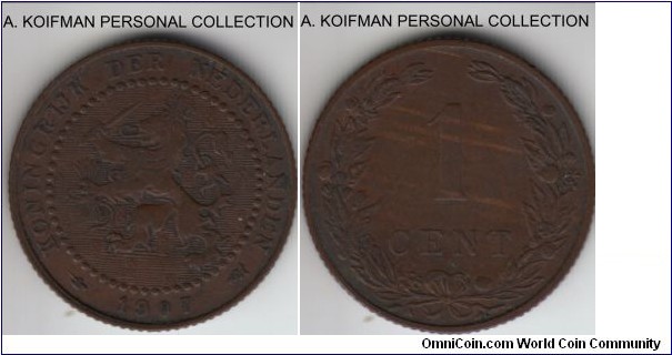 KM-132.1, 1907 Netherlands cent; bronze, reeded edge; dark brown, good very fine or better.