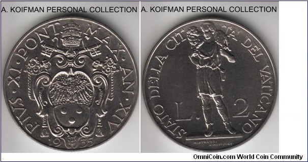 KM-6, 1935/Year XIV of Pius XI vatican 2 lire; nickel, plain edge, average uncirculated, mintage 70,000.