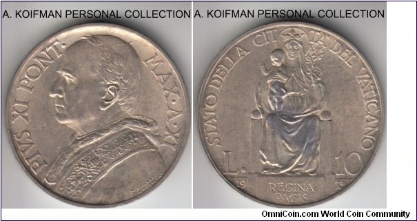 KM-8, 1932/Year XI of Pius XI Vatican 10 lire; silver, plain ornamented edge; toned about uncirculated, mintage 50,000.