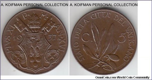KM-1, 1937/Year XVI of Pius XI Vatican 5 centesimi; bronze, plain edge; glossy chocolate brown uncirculated, mintage 62,000.
