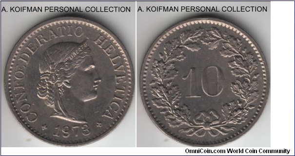KM-27, 1973 Switzerland 10 rappen; copper-nickel, plain edge; extra fine or about.