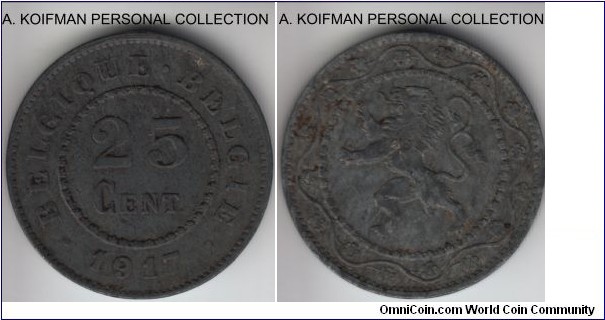 KM-82, 1917 Belgium 25 centimes; zinc, plain edge; German occupation, extra fine or so, a bit of old dirt and maybe a corrosion spot, typical of the old zinc.