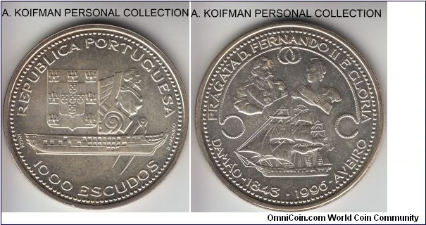 KM-688, 1996 Portugal 1000 escudos; silver, reeded edge; Restoration of the Frigate Ferdinand II and Gloria commemorative, average uncirculated.