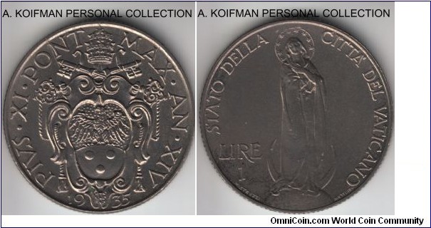 KM-5, 1935/Year XVI of Pius XI vatican lira; nickel, reeded edge; foos uncirculated, toned reverse, mintage 40,000.
