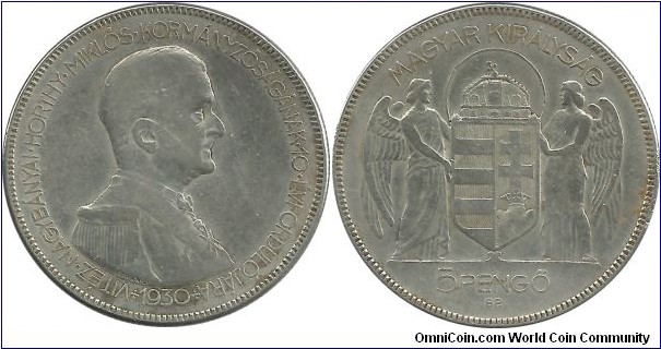 Hungary 5 Pengö 1930 - 10th Anniversary of the Regency of Admiral Horthy