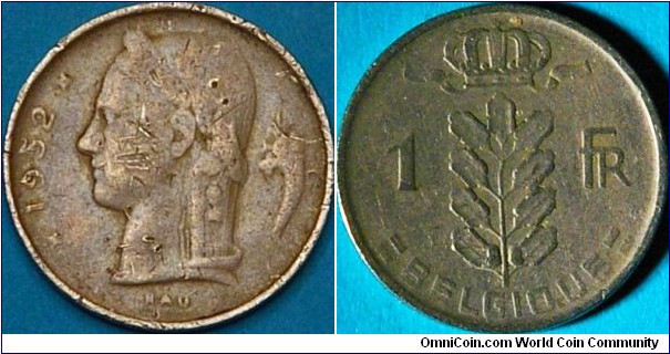 1 Franc, Dutch wording, older version of my other coin. With Obverse of Laureated head or 'Head of Ceres' (http://en.numista.com) and a cornucopia. Reverse of a crown over a sprig or leaf. 21 mm, Cu-Ni