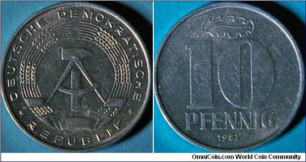 10 Pfennig. German Democratic Republic (East Germany). State emblem (hammer and a compass, surrounded by a ring of rye with a ribbon displaying the flag. My first coin of the GDR.  21 mm, Al. 