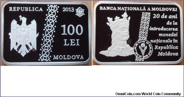 100 Lei - 20 year sof the national currency - 28.28 g 0.925 silver Proof - mintage 2,000