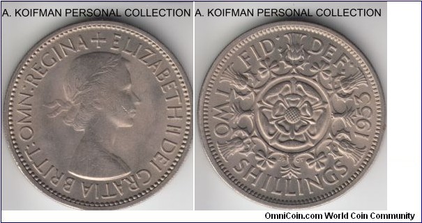 KM-892, 1953 Great Britain 2 shillings (florin); copper-nickel, reeded edge; average uncirculated, would have been very nice but for a small scratch at the Queen't cheek.