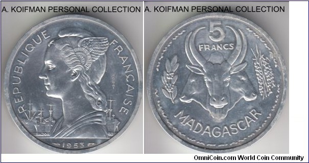 KM-PE3, 1953 Madagascar 5 francs; piefort, essai, aluminum, plain edge; few spots, lightly wiped or cleaned, scarce mintage of 104 pieces of this double thickness coin.