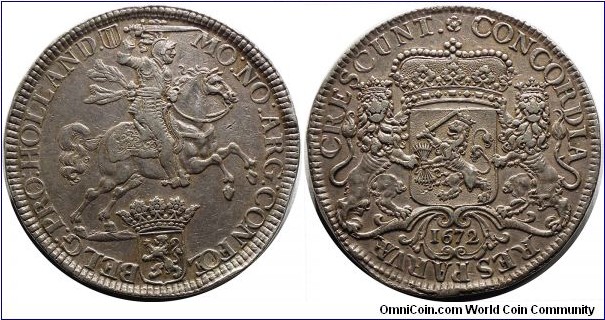 Holland province, Ducaton piedfort (piefort), double weight on standard coin, 1672. Amsterdam.Obv: Knight on horseback right holding a sword. Rev: Crowned Arms supported by two lions. P# 93, Dav# 4929. 