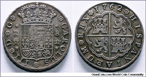  Charles III, 8 Reales, 1762. 26.9g, 90.3 Silver. Assayer: J.P. (Juan Rodriguez Gutierrez y Pedro Cano). Madrid mint. Obv: Crowned Spanish shield / Rev: Crowned arms of Castille and Leon. 