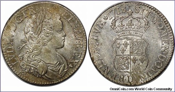 Louis XV, Écu, 1718D, 24.47g, 38.20mm, 91.7% silver. Lyon mint. Écu de Navarre. D# 1327, G# 318, KM# 435.6. Well struck and fully lustrous with minor obverse and reverse adjustment marks.