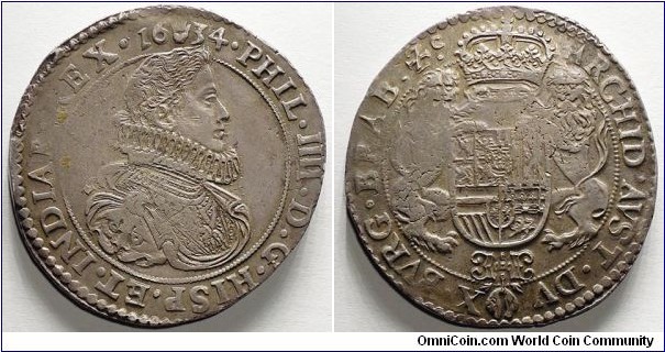 Spanish Netherlands, Brabant, Ducaton, 1634. 32.44g, 43.91mm ~ 44.26mm, 0.944 silver, 0.9857oz actual silver weight. Obverse: Bust of Phillip IV in ruffled collar, mint mark divides date above. Reverse: Lions supporting crowned shield. KM# 56.1. Reverse weakly struck as usual (sometimes obverse or both side).