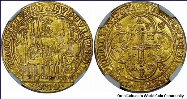 Flanders, Louis II (Louis De Mâle), Chaise d'or, ND (1346-1384). Fr-163. 4.51g, 29.5mm, Gold. Obverse: Ruler seated on throne holding sword and shield. Reverse: Floriated cross within quadrilobe, rosettes in outer angles. Well struck example on a full flan with luster. NGC graded MS-61.