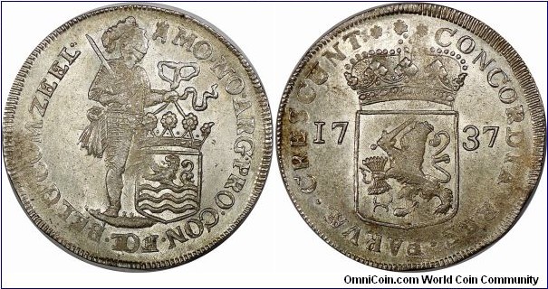 Zeeland, Silver Ducat, 1737. 28.03g, 42.33g, Silver. KM# 52.1, Dav. #4914. Weakly struck.