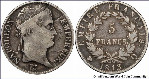 Napoléon Bonaparte, 5 Francs, 1813-Q. Perpignan mint. KM# 694.21. Very impressive die breaks. The coin has been harshly cleaned, but has retoned a fair amount.
