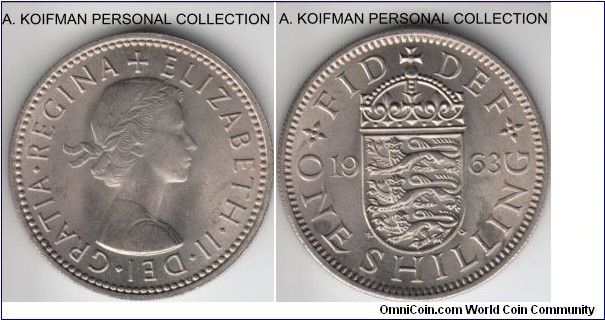 KM-904, 1963 Great Britain shilling, English crest; copper-nickel, reeded edge; average uncirculated.