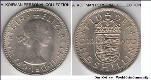 KM-904, 1966 Great Britain shilling, English crest; copper-nickel, reeded edge; average uncirculated.