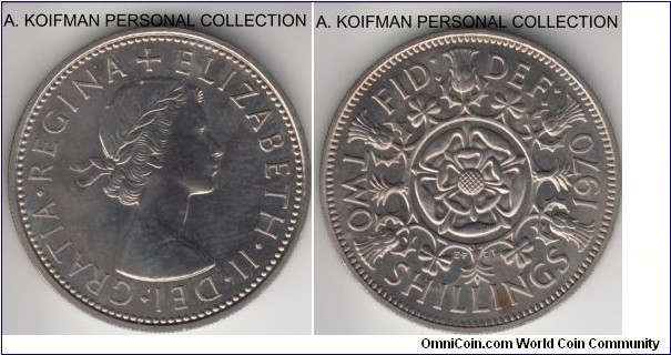 KM-906, 1970 Great Britain 2 shillings; proof, copper-nickel, reeded edge; slightly mishandled proof, it is much brighter than scans are suggesting.