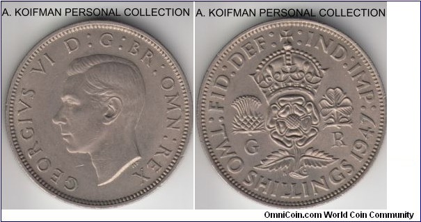 KM-865, 1947 Great Britain 2 shillings (florin); copper-nickel, reeded edge; about uncirculated.