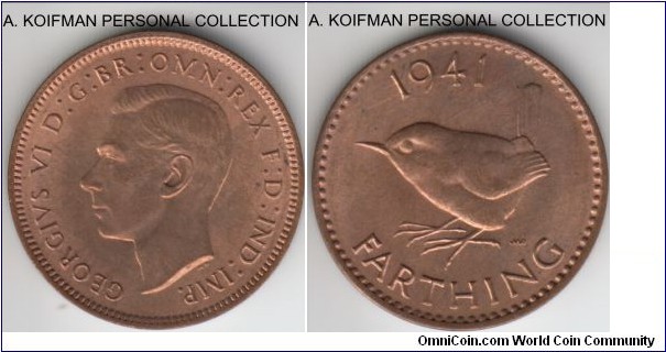 KM-843, 1941 Great Britain farthing; bronze, plain edge; red uncirculated, nice coin.