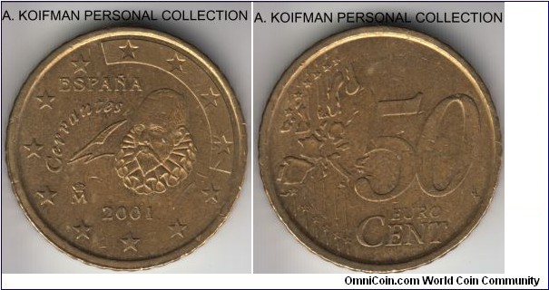 KM-1045, 2001 Spain 50 euro cents; brass, reeded edge; extra fine or so, toned.
