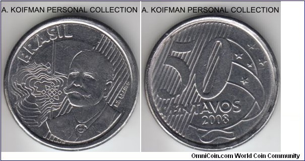 KM-651a, 2008 Brazil 50 centavos; stainless steel, lettered edge; bright about uncirculated.