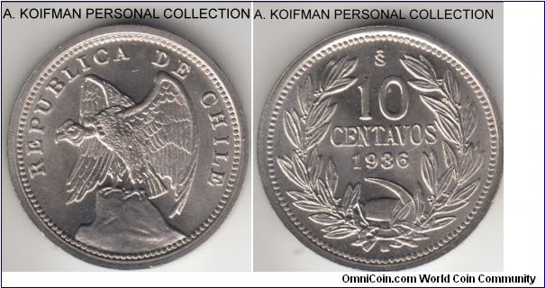 KM-166, 1936 Chile 10 centavos; copper-nickel, plain edge; bright choice uncirculated.