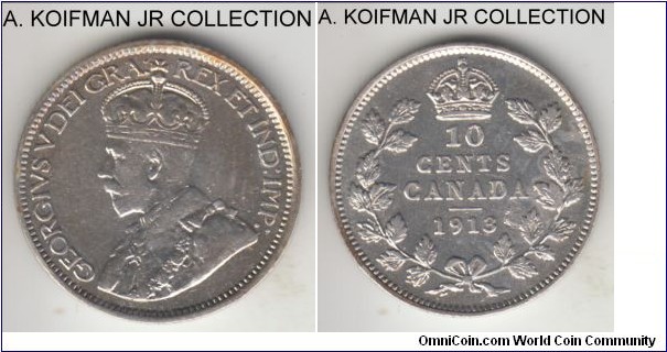 KM-23, 1913 Canada 10 cents; silver, reeded edge; George V, very fine or about but cleaned.