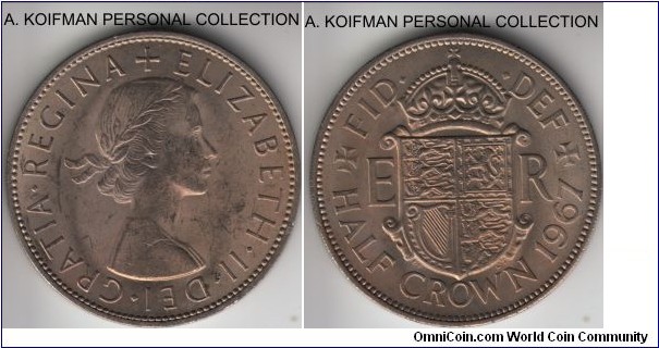 KM-907, 1967 Great Britain 1/2 crown; copper-nickel, reeded edge; average uncirculated, last year of the LSD business strike.