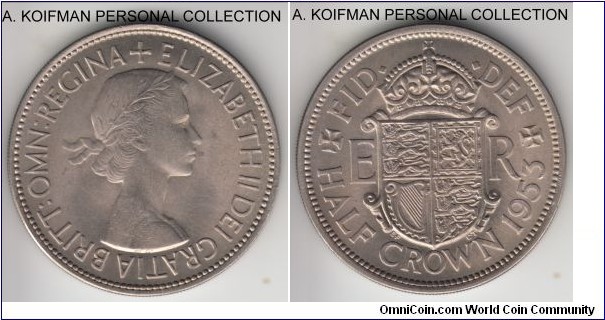 KM-893, 1953 Great Britain half crown; copper-nickel, reeded edge; Elizabeth II coronation one year type, better than average uncirculated.