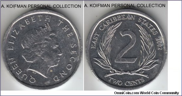 KM-35, 2002 East Caribbean States 2 cents; aluminum, plain edge; about uncirculated, few toning spots.