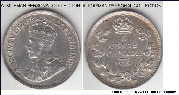 KM-22, 1919 Canada 5 cents; silver, reeded edge; extra fine or better, luster and partially toned.