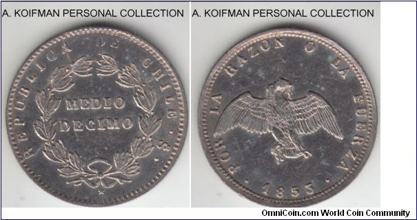 KM-121, 1853 Chile 1/2 decimo; silver, reeded edge; about uncirculated but cleaned.