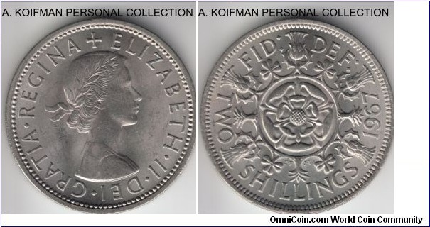 KM-906, 1967 Great Britain 2 shillings; copper-nickel, reeded edge; nice above average uncirculated coin.