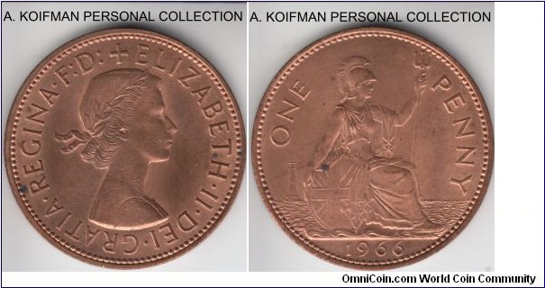 KM-897, 1966 Great Britain penny; bronze, plain edge; red brown uncirculated.