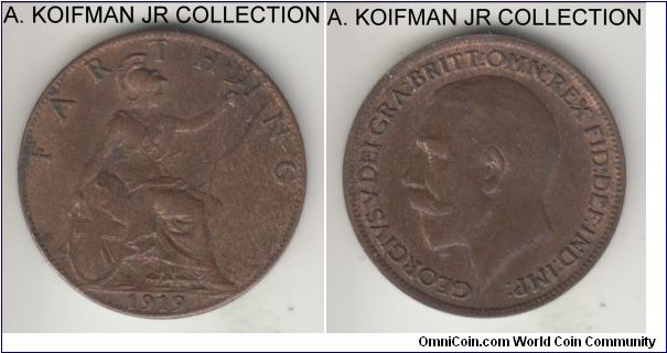 KM-808.2, 1919 Great Britain farthing; bronze, plain edge; George V second type, brown almost uncirculated.