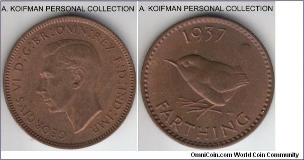 KM-843, 1937 Great Britain farthing; bronze, plain edge; uncirculated light brown.