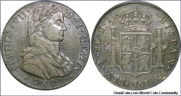 Spanish colonial, Imaginary laureate military bust of Fernando VII, 8 Reales, 1810. 27g, 40.5mm, Silver. Santiago mint; Assayer: Francisco Rodriguez Brochera and Jose Maria de Bobadilla. KM# 75. Weakly struck, only minimal wear confined to the highpoints. Very scarce. 