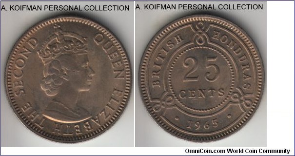 KM-29, 1965 British Honduras 25 cents; copper-nickel, reeded edge; pleasant darker luster uncirculated, typically small mintage of 75,000.