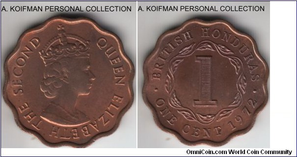 KM-30, 1972 British Honduras cent; bronze, plain edge, scalloped flan; red toned uncirculated, very sharp details.