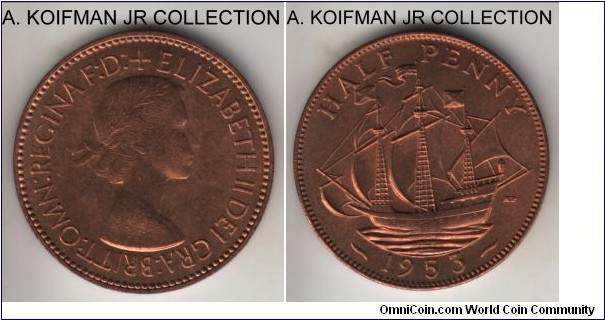 KM-882, 1953 Great Britain half penny; bronze, plain edge; Elizabeth II coronation year, 1-year type and smaller mintage, red uncirculated, likely from the mint set.