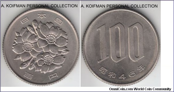 Y#82, Showa Yr.46 (1971) Japan 100 yen; copper-nickel, reeded edge; uncirculated.